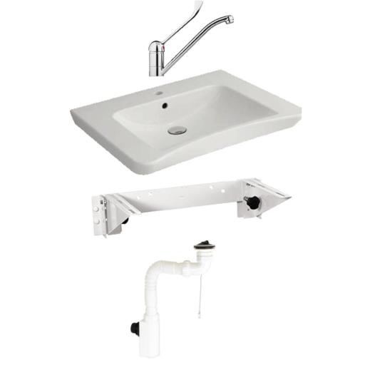 Ergonomic ceramic basin kit with single-lever tap, manual tilting bracket and trap set