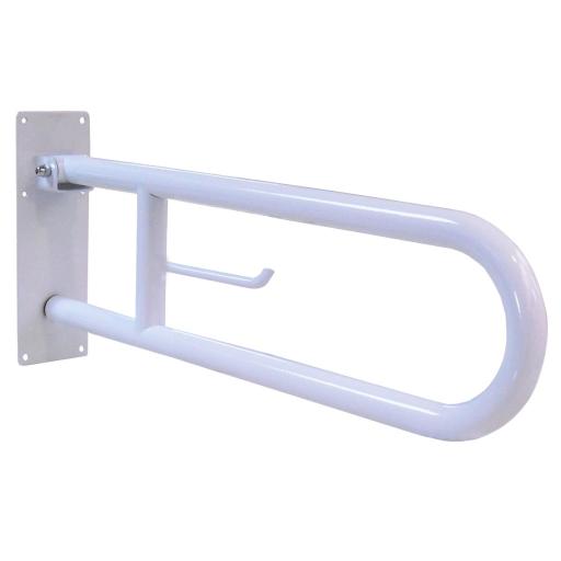 Wall-mounted fold-up grab rail with toilet roll holder, length 600 mm, white painted steel