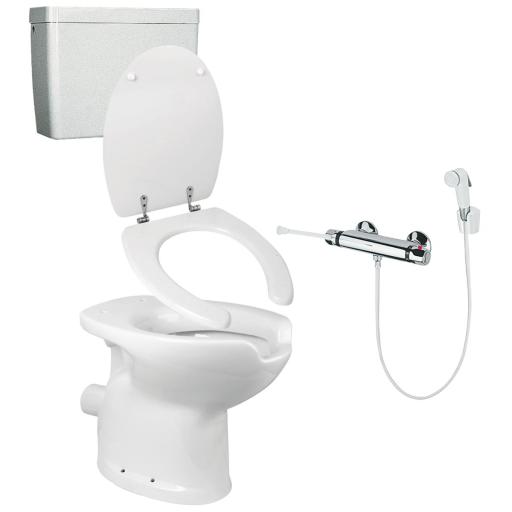 Ergonomic toilet kit, wall outlet, with cistern, seat and lid, and thermostatic mixer