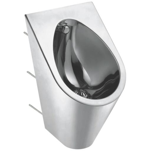 Anti-vandal wall-hung urinal for concealed flush, through-wall bolt fixing, stainless steel, satin finish