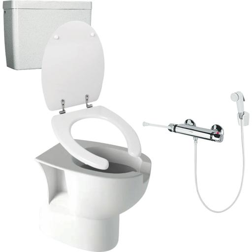 Ergonomic toilet kit, floor outlet, with cistern, seat and lid, and thermostatic mixer