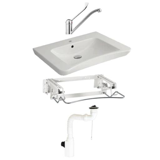 Ergonomic ceramic basin kit with single-lever tap, pneumatic tilting bracket and trap set